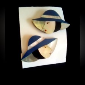 ART DECO - Art Deco Style Vintage Abalone and Resin Blue Hat Lady Stud Earrings